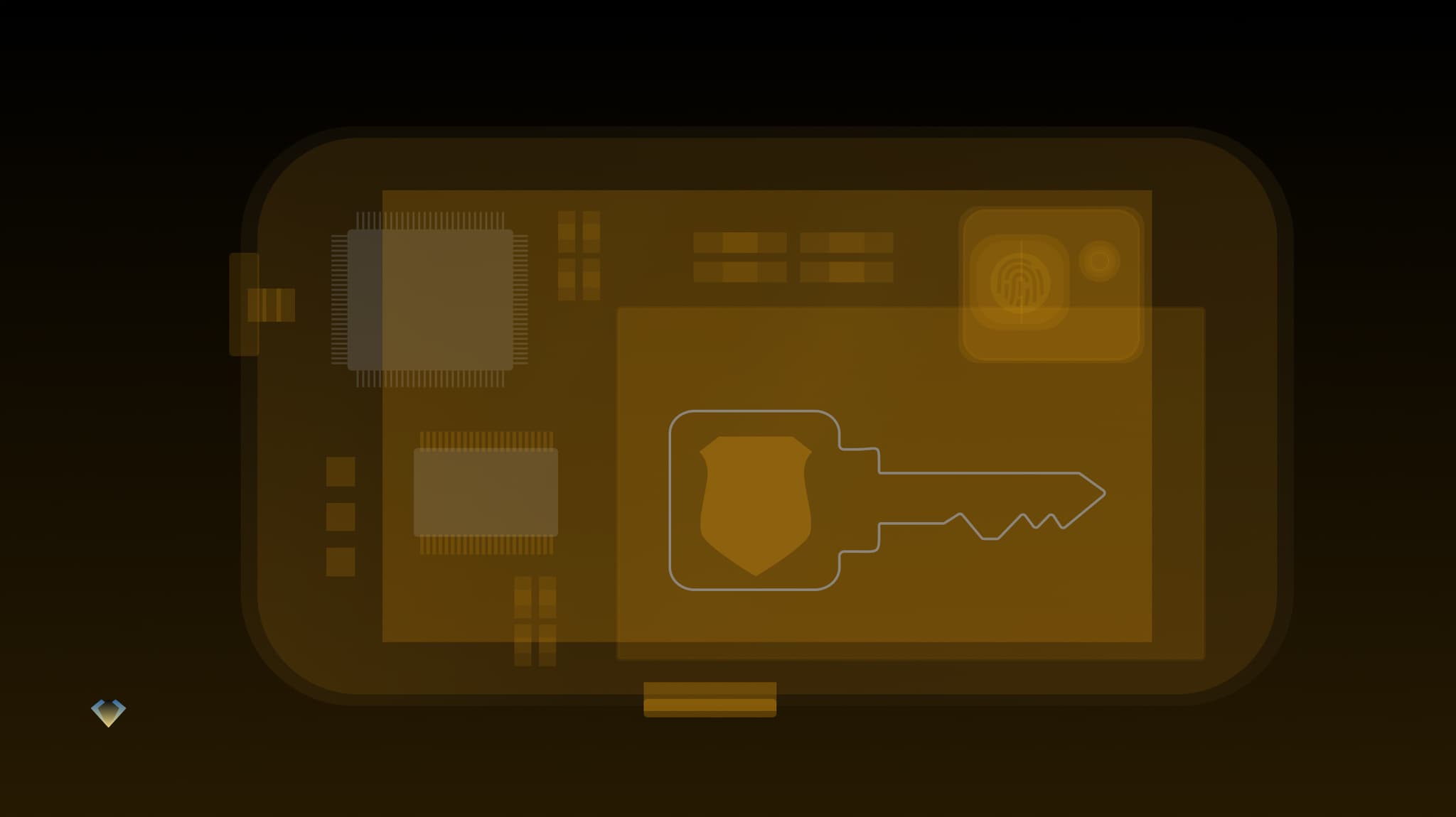 X-ray style illustration of a hardware wallet's chips with a key and shield at its core