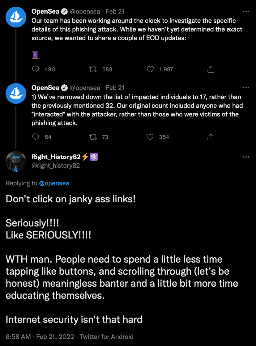 OpenSea tweets on a phishing attack affecting 17 users, with a reply urging people not to click suspicious links