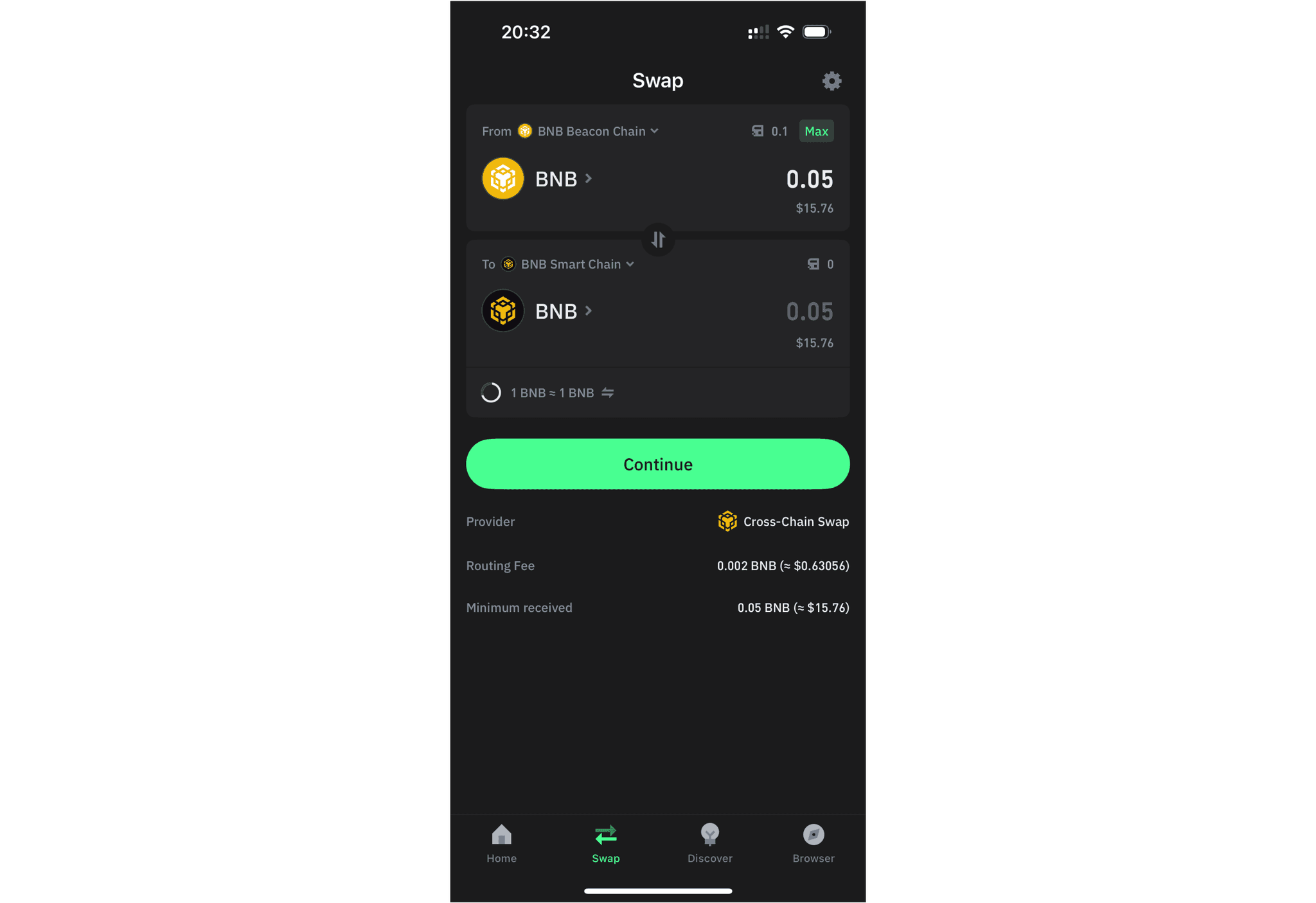 Wallet app swap screen moving BNB from BNB Beacon Chain to BNB Smart Chain