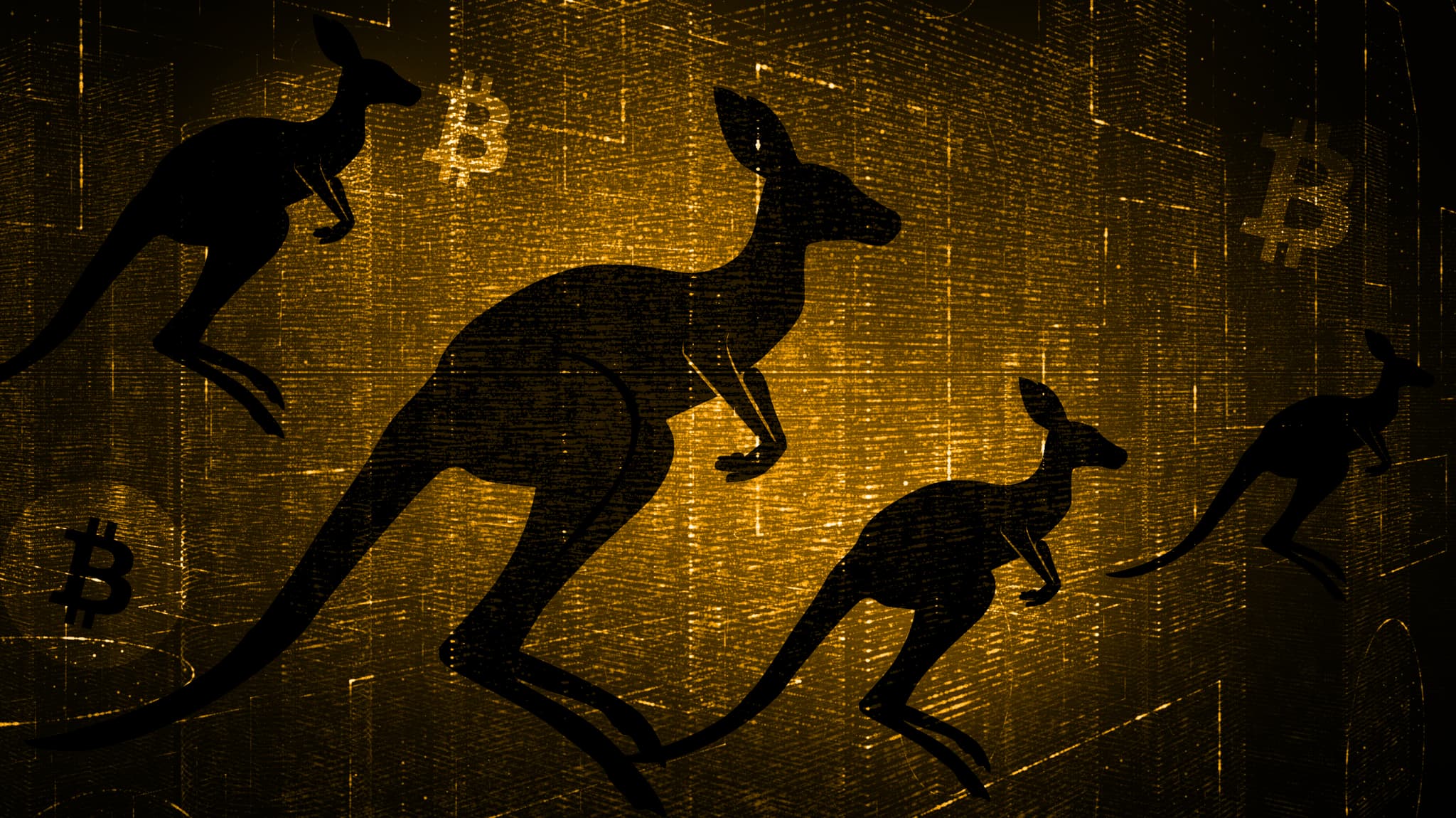 Kangaroo silhouettes leaping across a dark gold background scattered with Bitcoin symbols