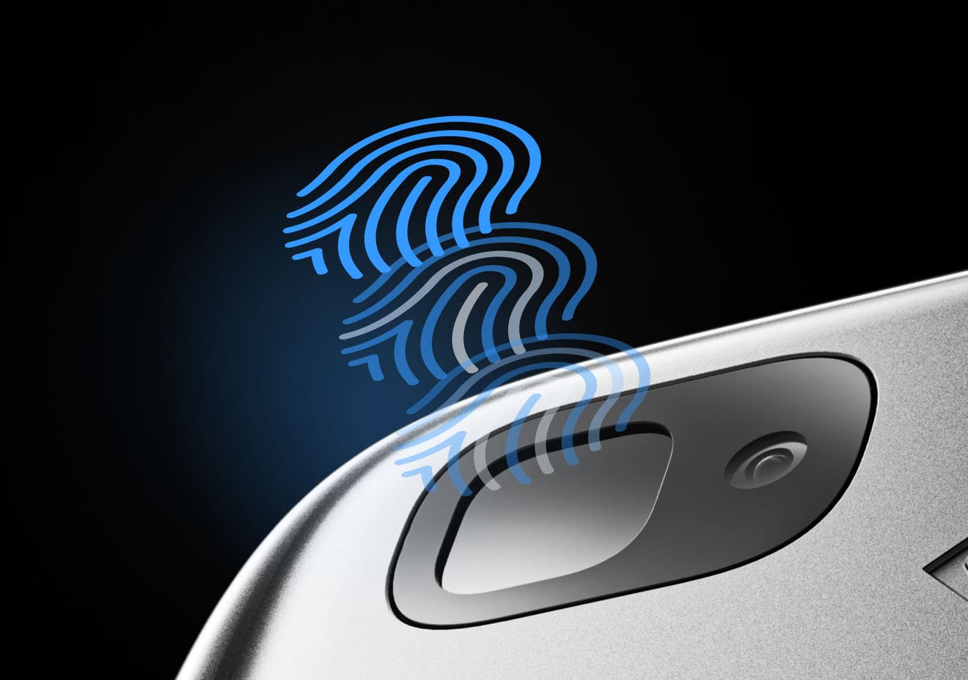Close-up of a hardware wallet's fingerprint sensor with glowing blue fingerprint lines