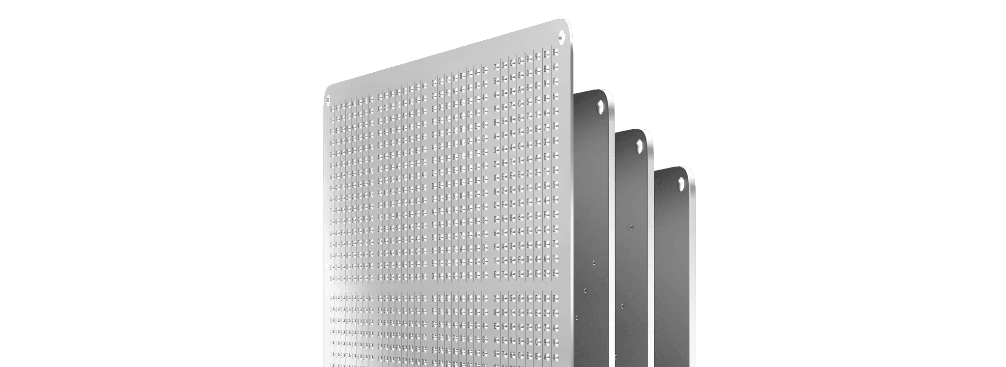 Stack of GRAPHENE steel backup plates fanned out, the front plate covered in a punched character grid