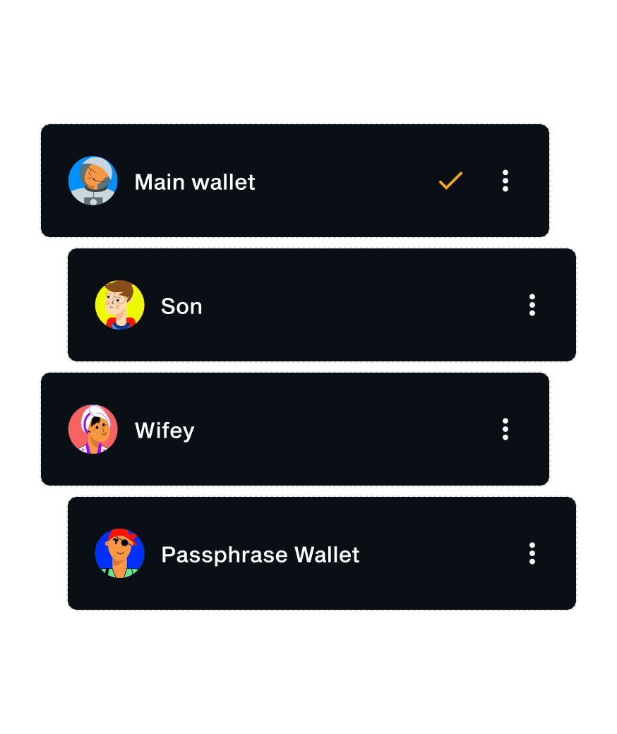 LIQUID app wallet list: Main wallet, Son, Wifey and Passphrase Wallet, each with an avatar