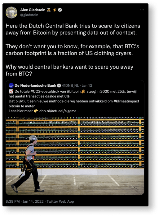 Tweet by Alex Gladstein accusing the Dutch central bank of misrepresenting Bitcoin's carbon footprint