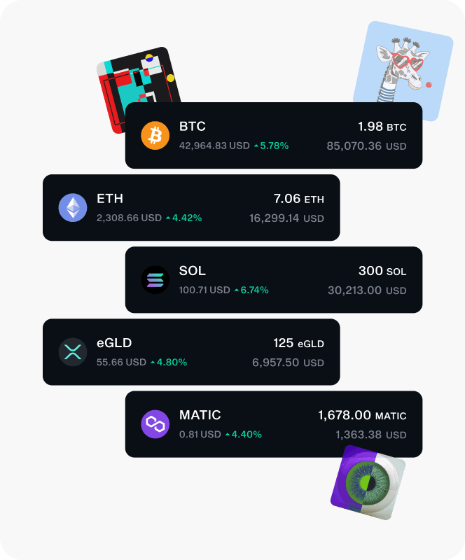 LIQUID asset cards for BTC, ETH, SOL, eGLD and MATIC surrounded by NFT artwork thumbnails