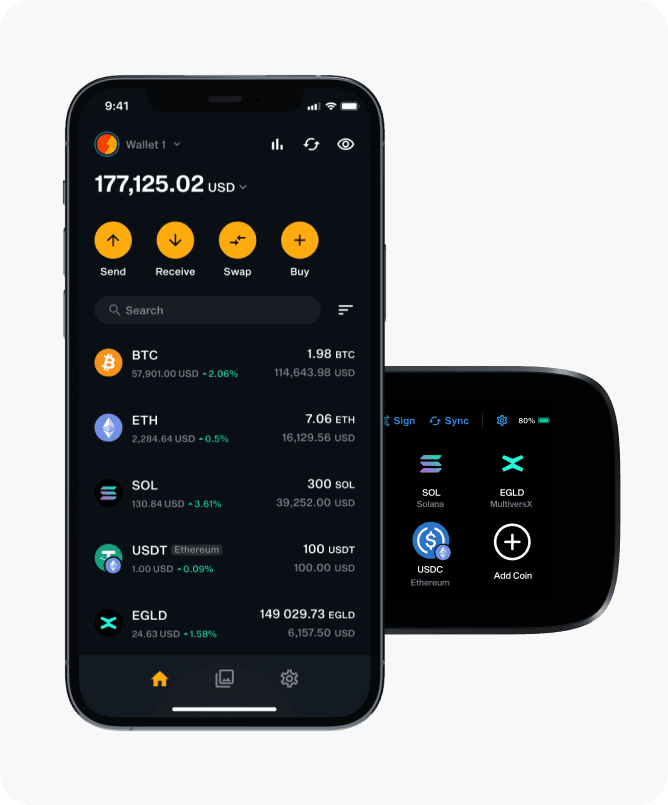 LIQUID app on a phone showing the portfolio, next to NGRAVE ZERO showing its coin dashboard