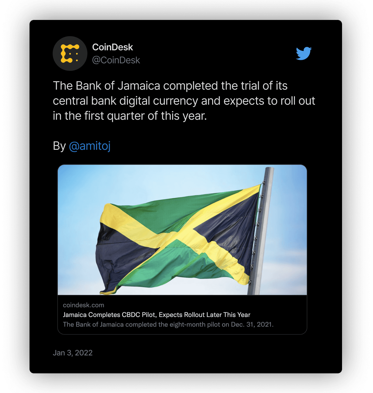 CoinDesk tweet: Bank of Jamaica completed its CBDC pilot and expects rollout in early 2022