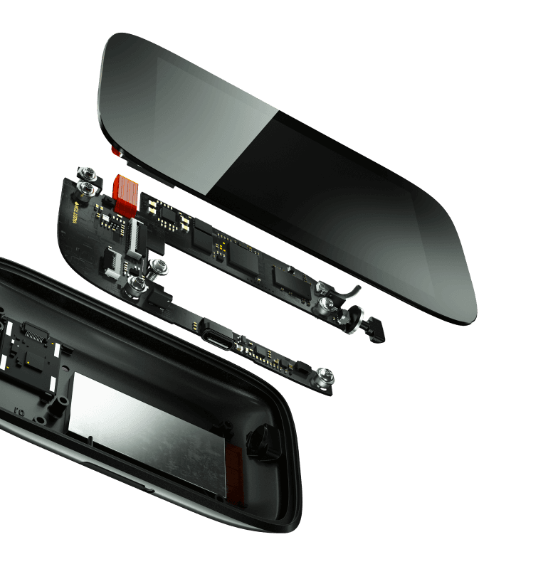 Exploded view of NGRAVE ZERO showing its touchscreen, circuit board and metal housing