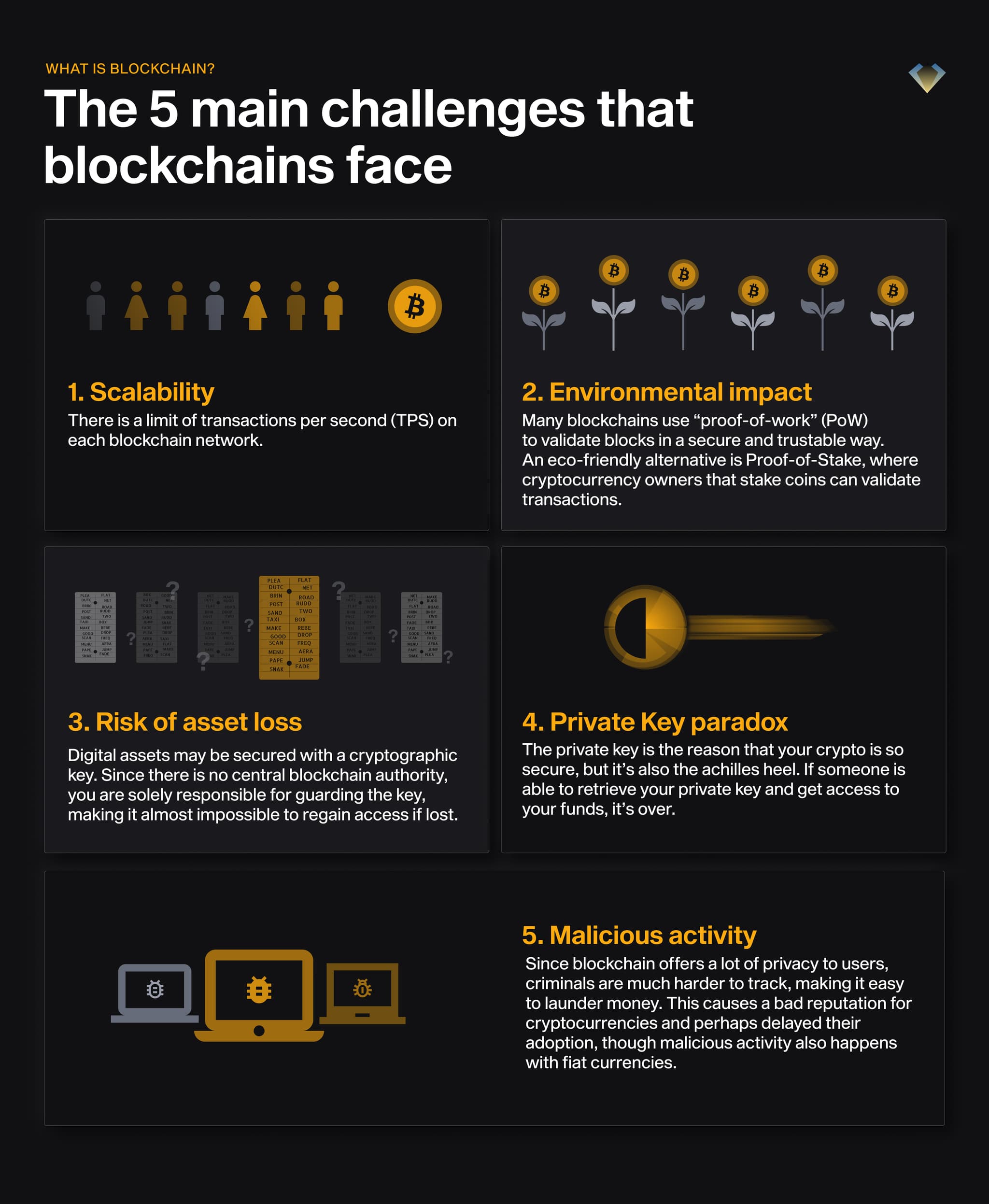 5 blockchain challenges: scalability, environmental impact, asset loss risk, the private key paradox, malicious activity