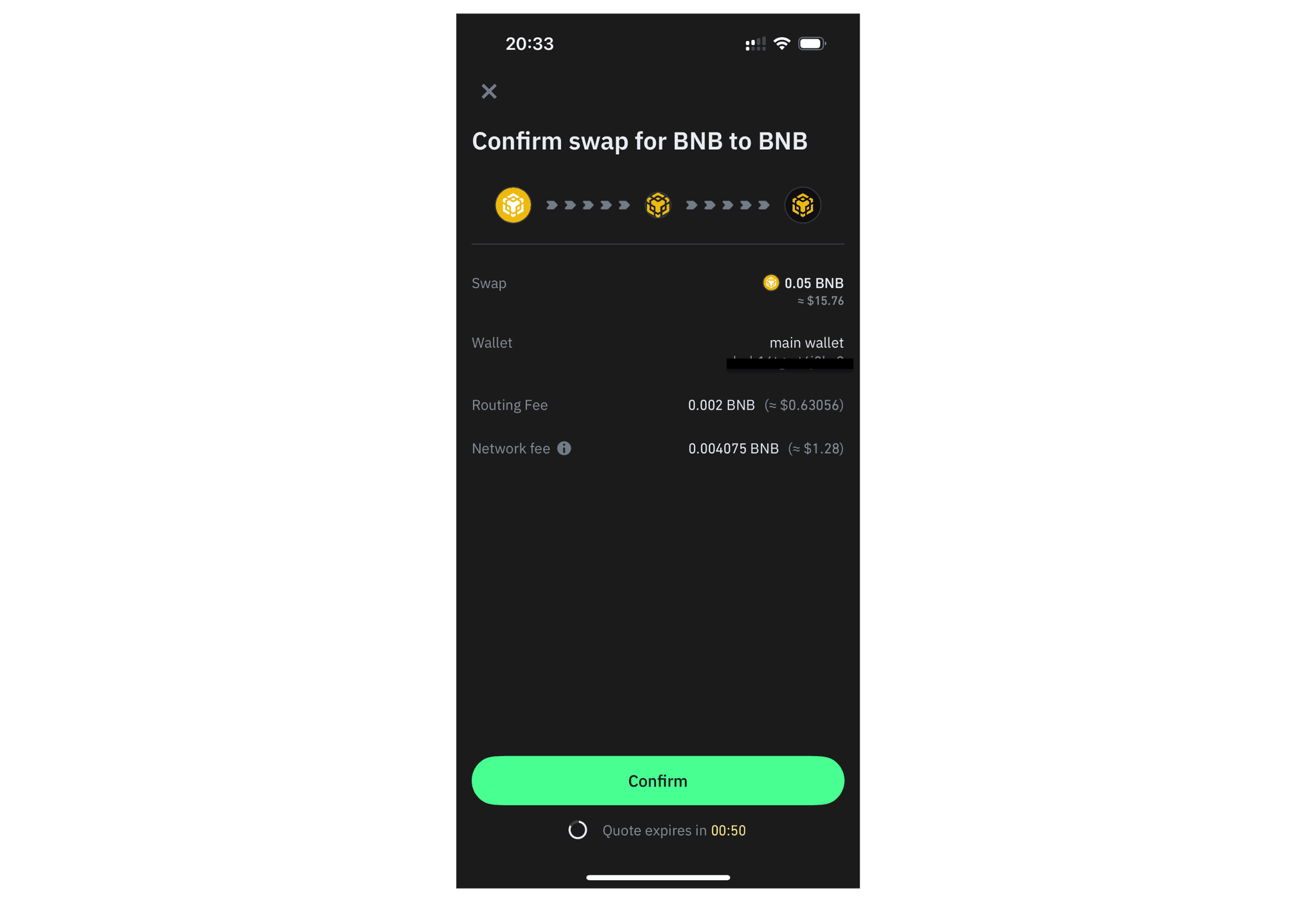Swap confirmation for 0.05 BNB from Beacon Chain to Smart Chain, showing routing and network fees