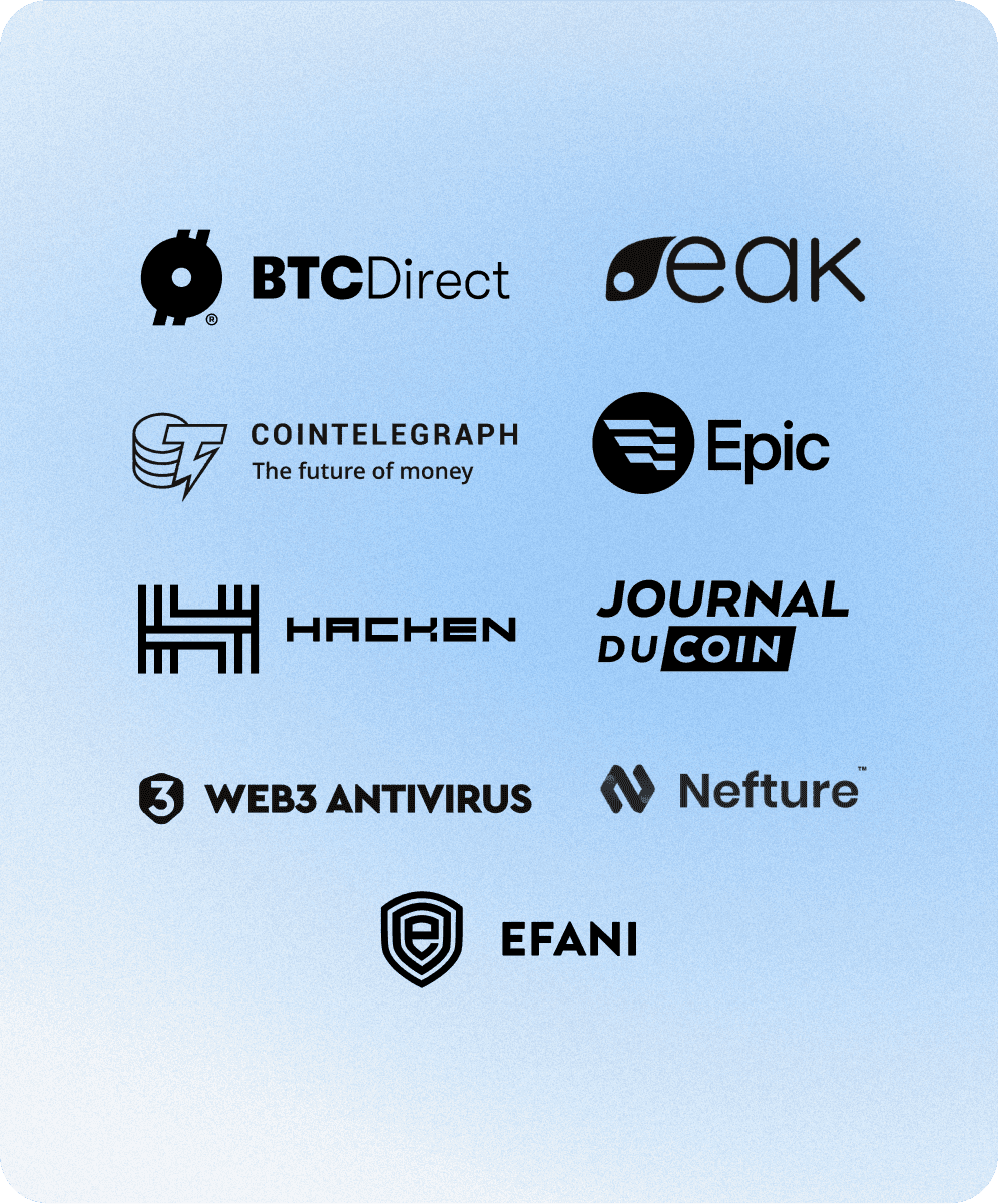 Partner logos: BTC Direct, eak, Cointelegraph, Epic, Hacken, Journal du Coin, Web3 Antivirus, Nefture, Efani