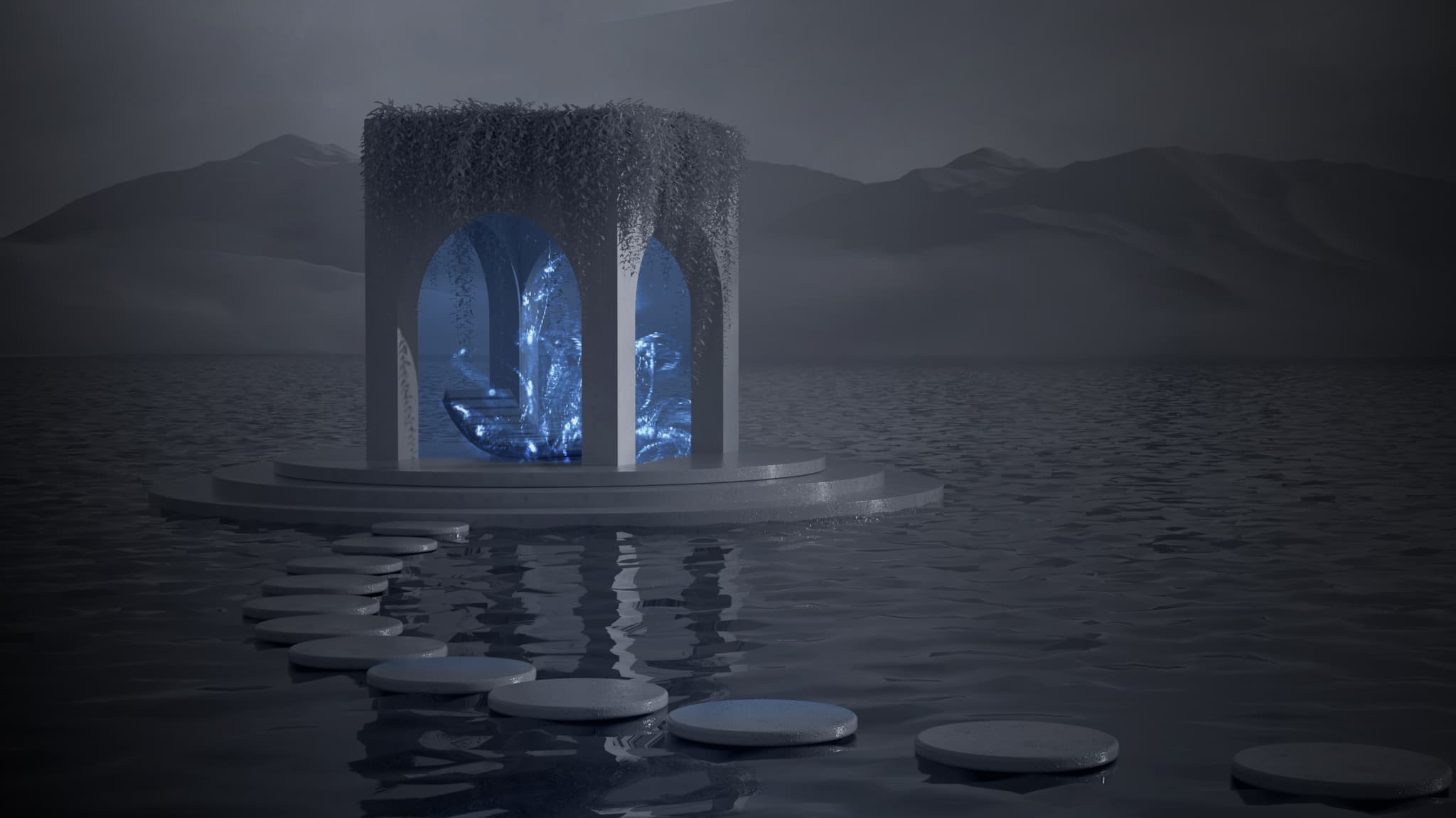 Glowing blue portal inside a stone pavilion on dark water, reached by stepping stones
