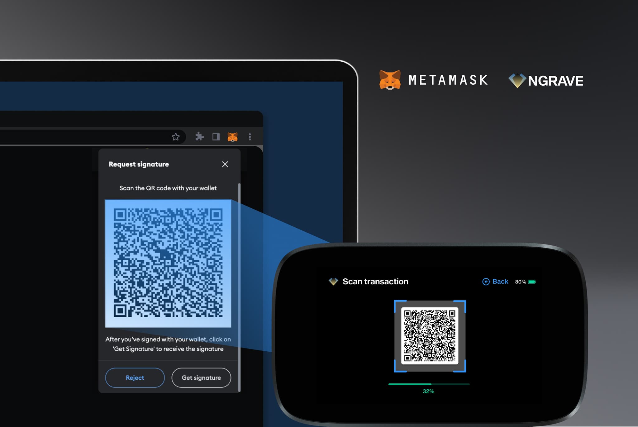 NGRAVE ZERO scanning a MetaMask signature request QR code from a laptop browser