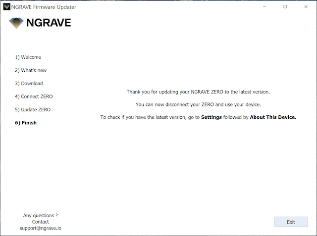 NGRAVE Firmware Updater finish screen thanking you for updating NGRAVE ZERO and saying you can now disconnect it