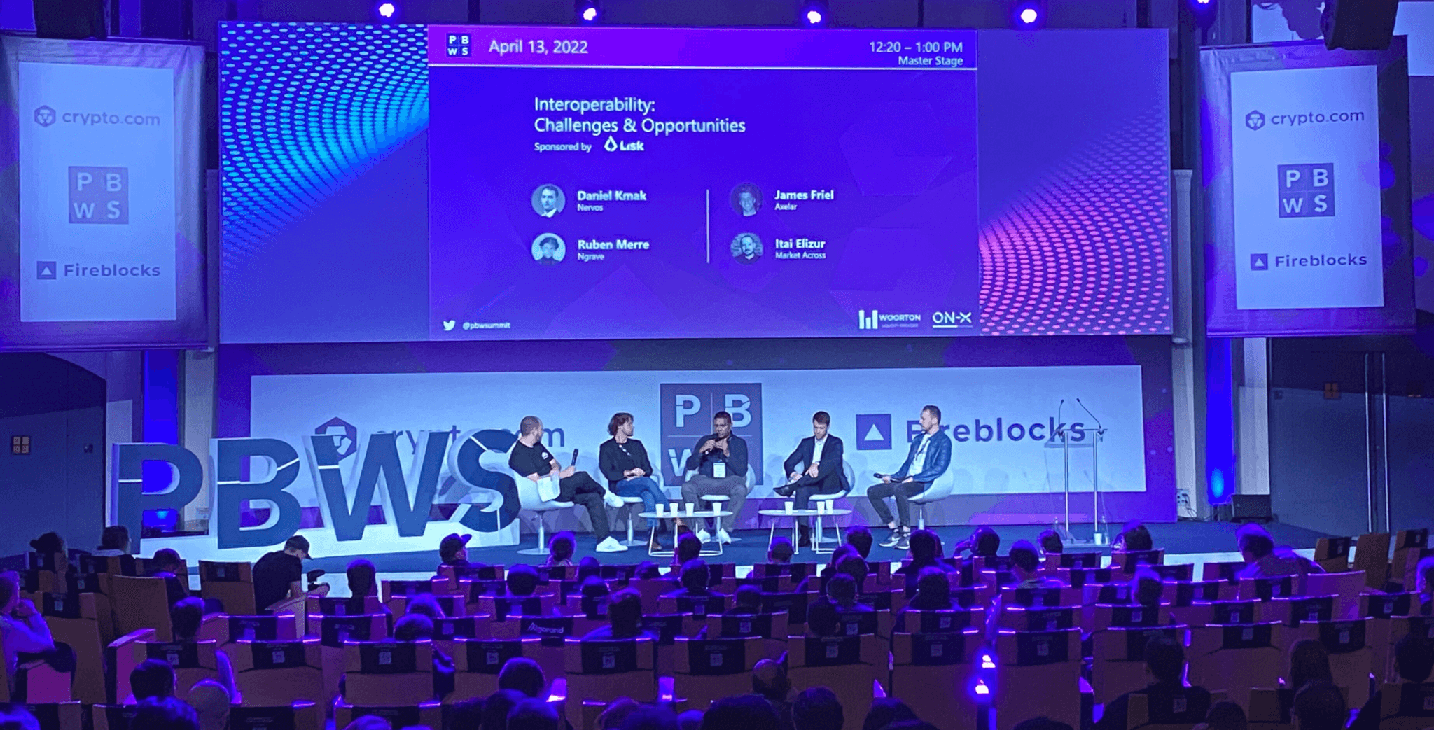 Panel of five speakers on the Interoperability: Challenges & Opportunities stage at PBWS, April 2022