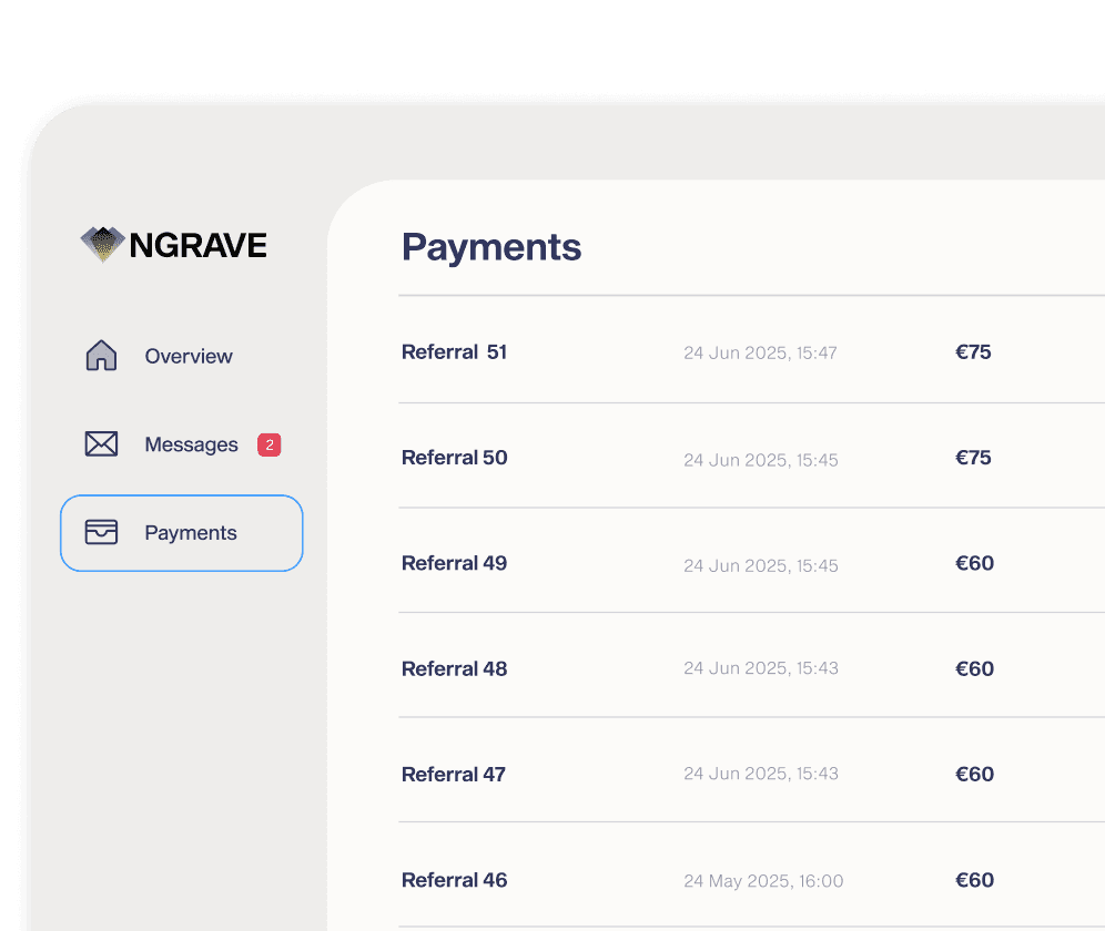 NGRAVE affiliate dashboard Payments tab listing referral payouts of 60 to 75 EUR