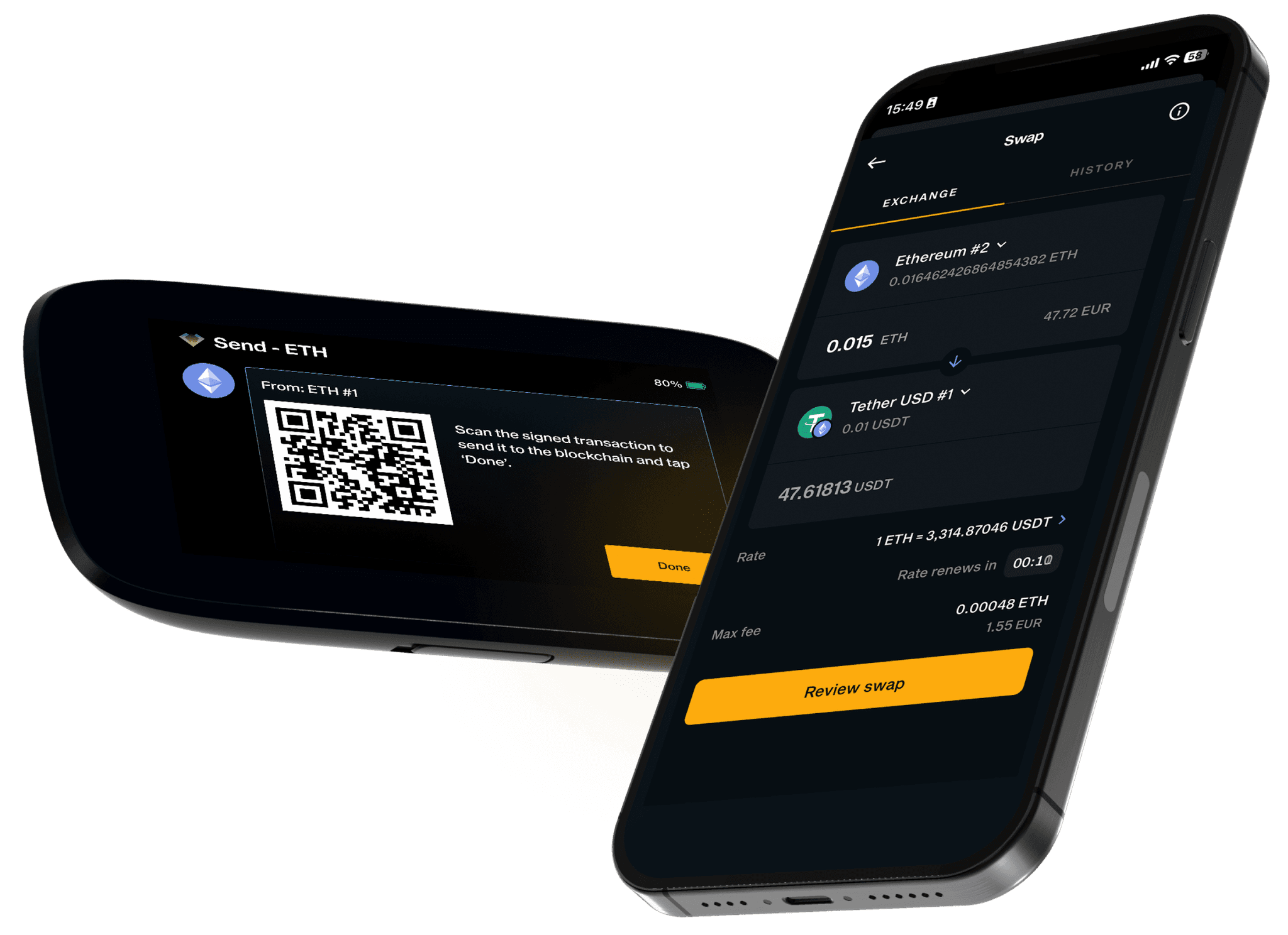 NGRAVE ZERO showing a signed Send ETH QR code beside the LIQUID app Swap screen exchanging ETH for USDT