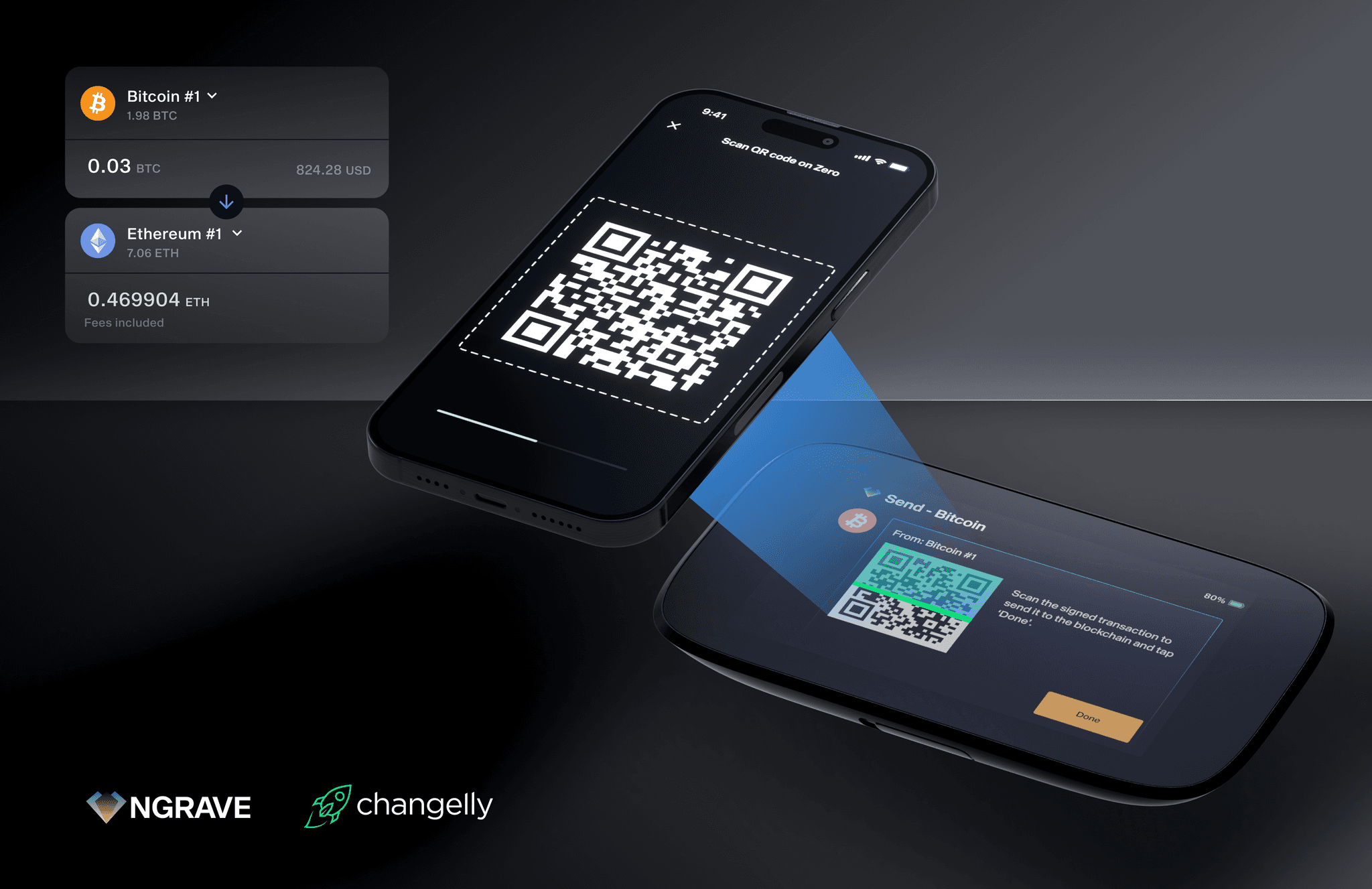 BTC to ETH swap in the LIQUID app, with the phone and NGRAVE ZERO exchanging QR codes; NGRAVE and Changelly logos