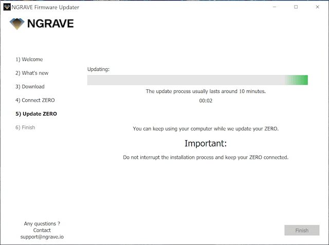 NGRAVE Firmware Updater updating ZERO, noting the process takes around 10 minutes