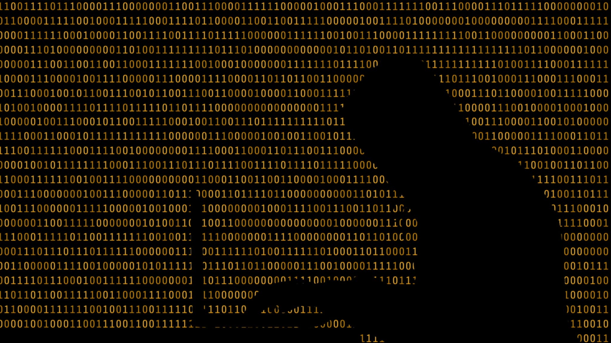 Silhouette of a hooded hacker against a wall of gold binary code