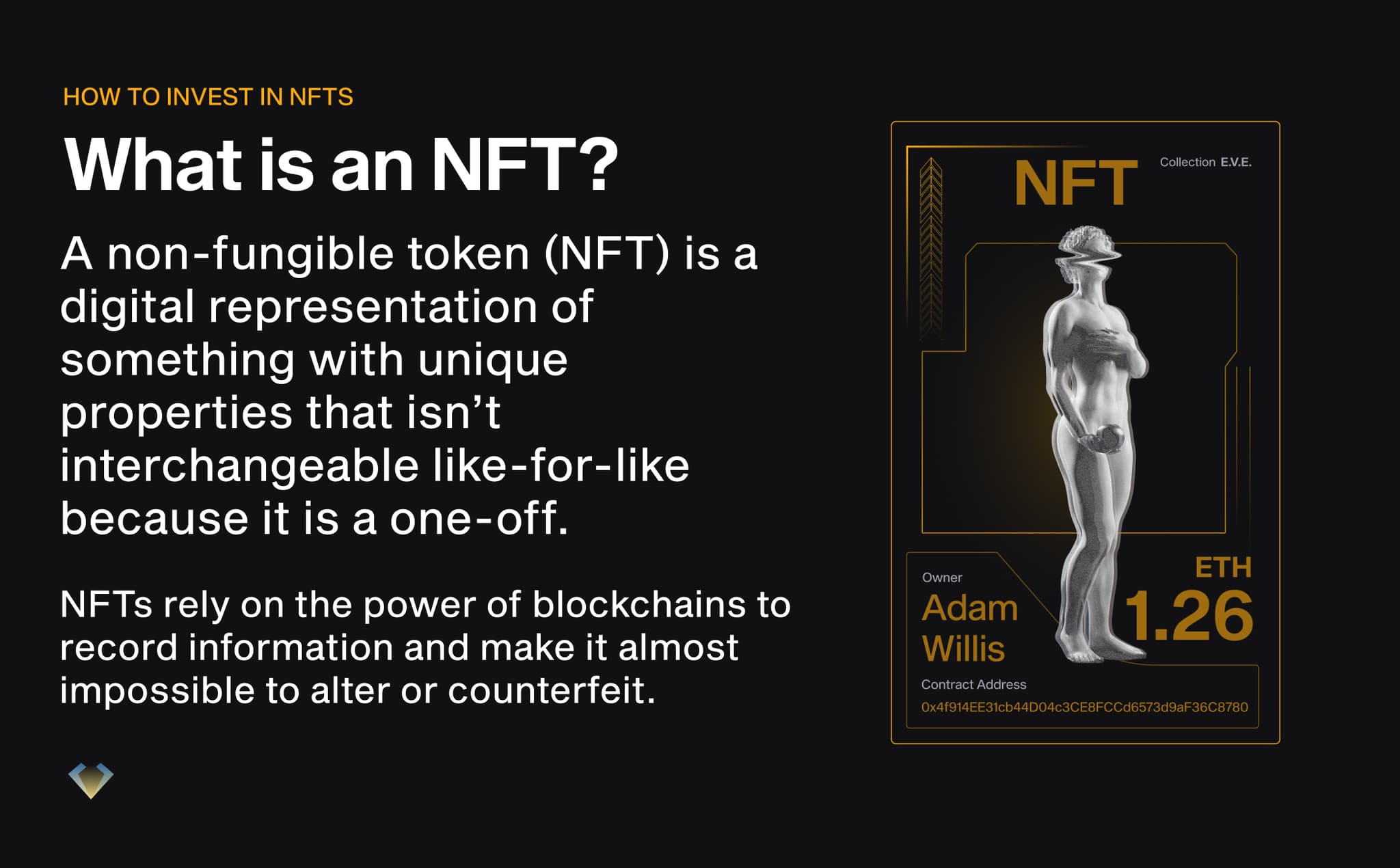 What is an NFT: a unique, non-interchangeable digital asset recorded on a blockchain, beside a sample NFT card