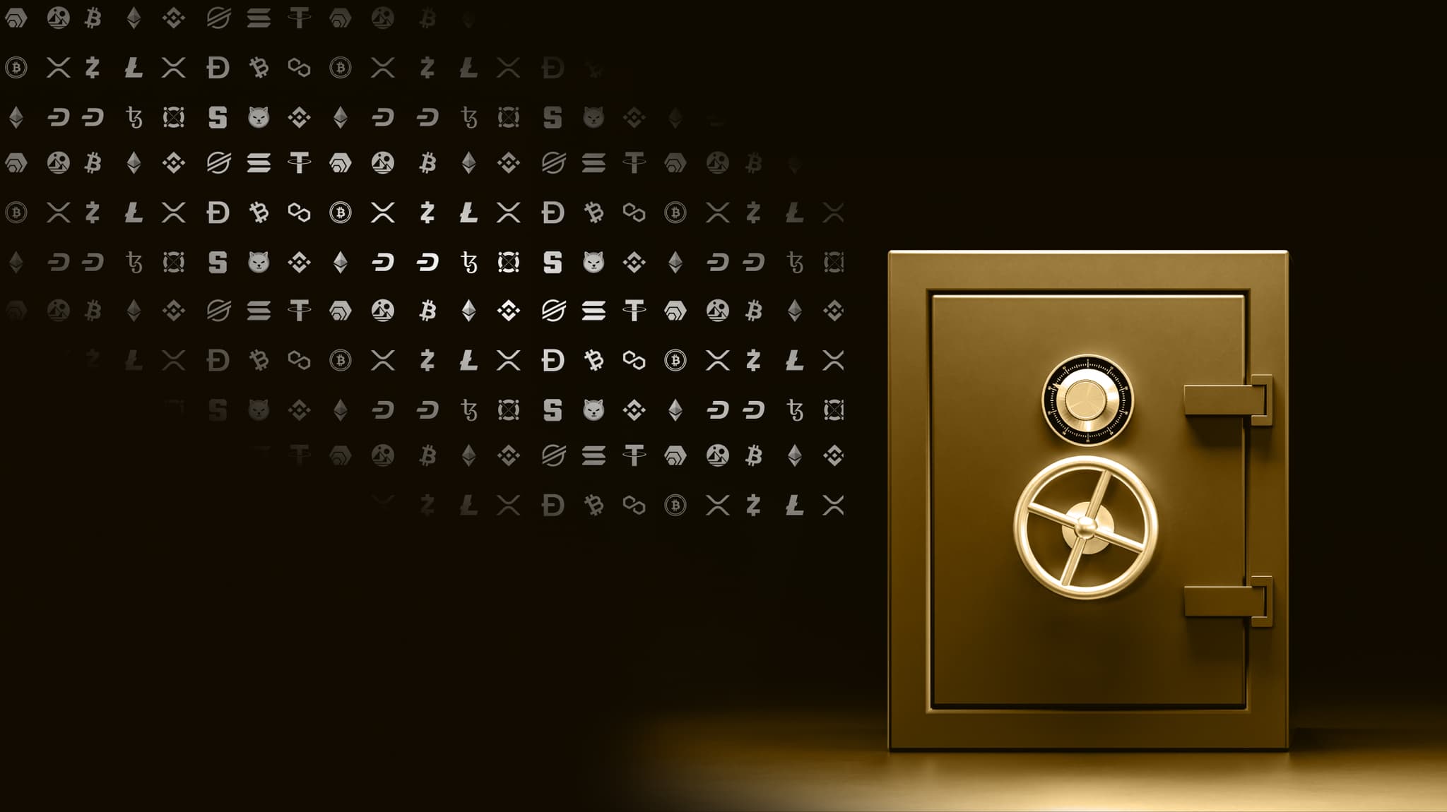 Gold safe beside rows of cryptocurrency symbols on a dark background