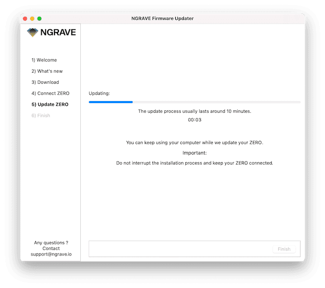 NGRAVE Firmware Updater showing a loading bar as it updates the NGRAVE ZERO hardware wallet.