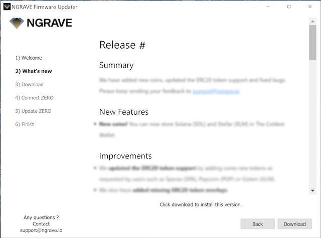 NGRAVE Firmware Updater What's new step with blurred release notes and a Download button