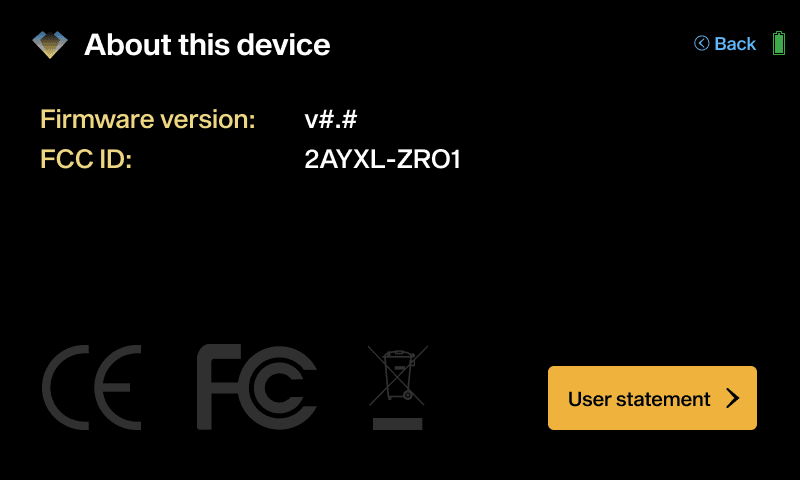 NGRAVE ZERO 'About this device' screen displaying the firmware version and FCC ID.
