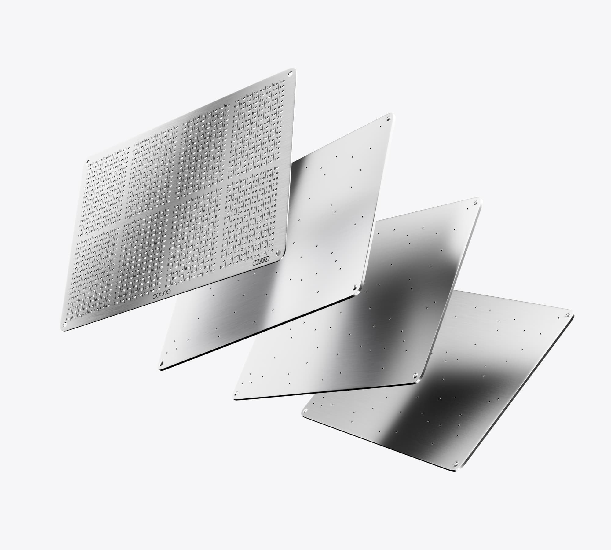 Four GRAPHENE stainless steel backup plates floating in a staggered row