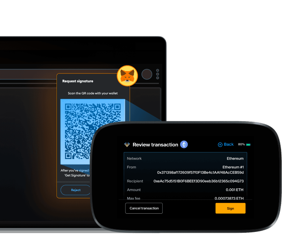 MetaMask signature request QR code on a laptop beside NGRAVE ZERO reviewing an Ethereum transaction to sign