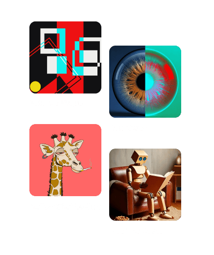 Four NFT artworks: an abstract red and black design, a split eye, a cartoon giraffe and a wooden robot reading