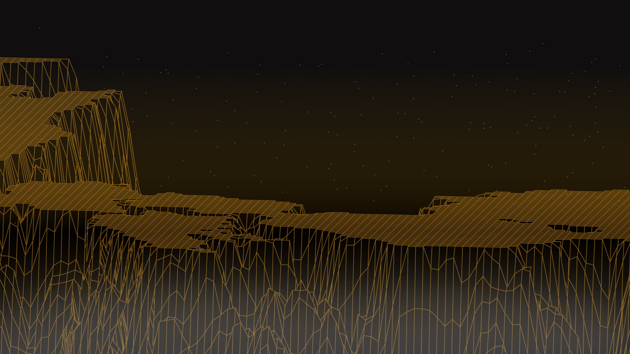 Gold wireframe landscape of digital terrain under a starry sky, evoking virtual land