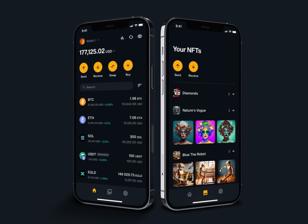 Two phones running the LIQUID app, showing the wallet coin list and the Your NFTs screen