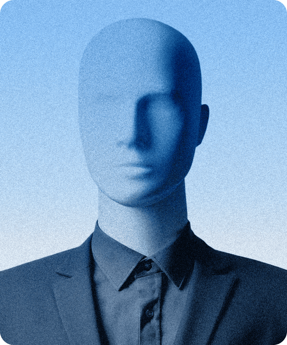 Faceless mannequin in a dark suit, symbolising full anonymity