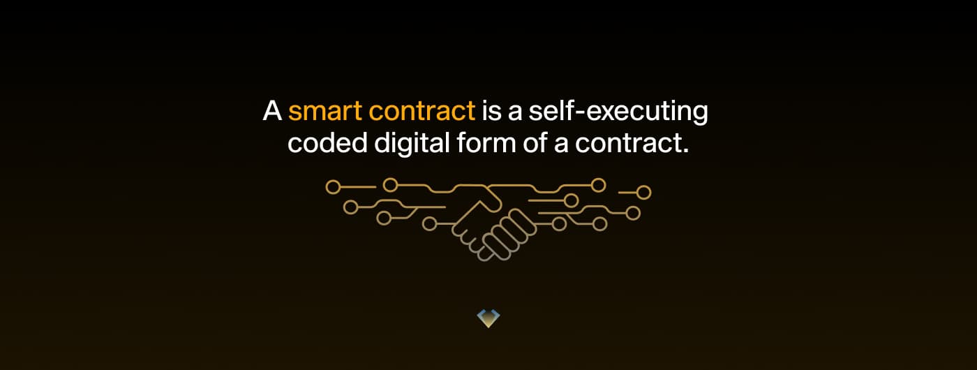 Definition: a smart contract is a self-executing coded digital form of a contract, shown with a circuit handshake