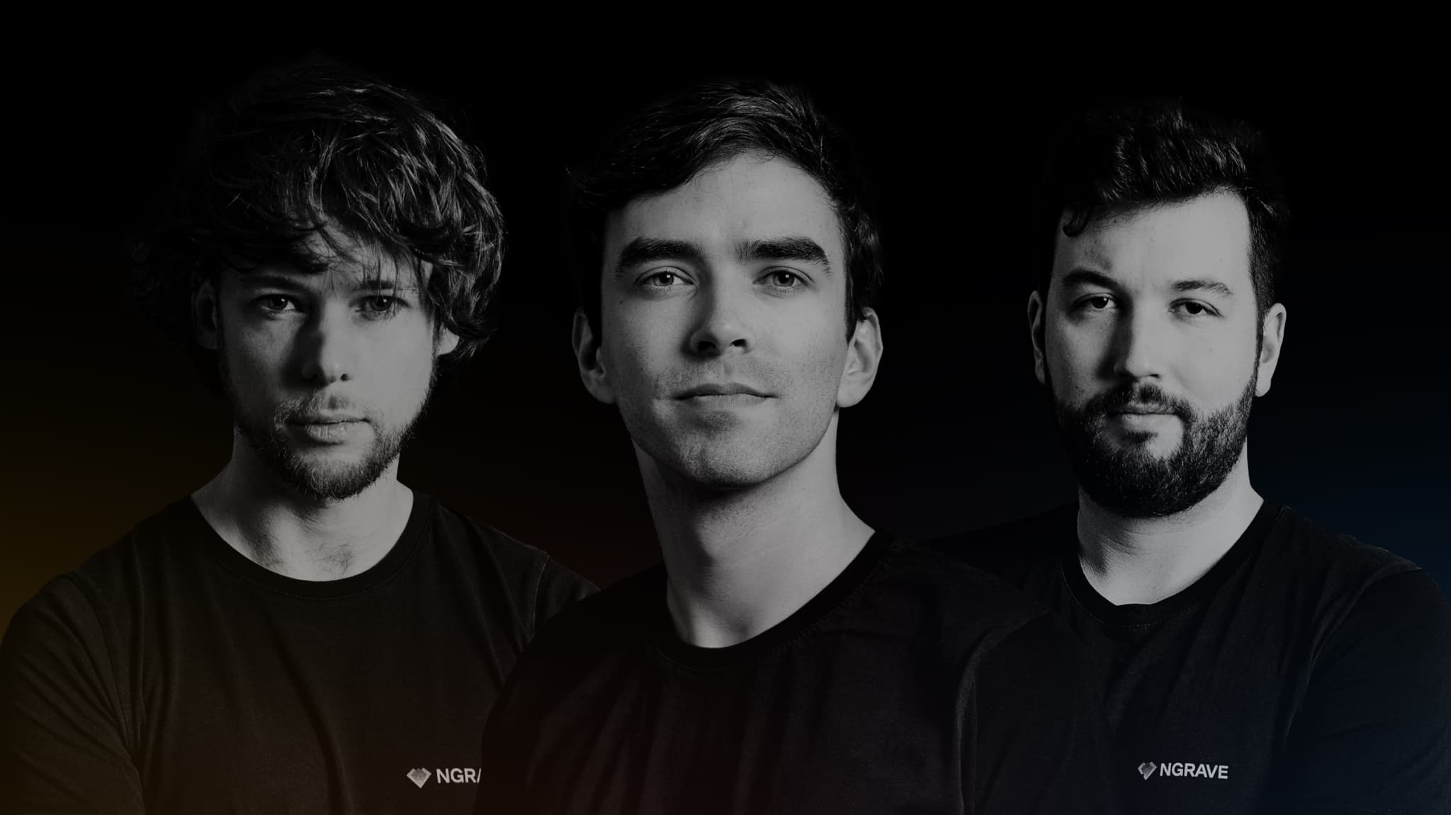 Black-and-white portrait of NGRAVE's three founders in NGRAVE T-shirts
