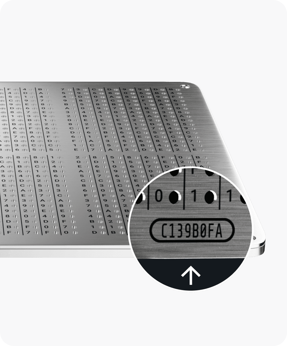 GRAPHENE steel plate with a close-up of its engraved unique ID code