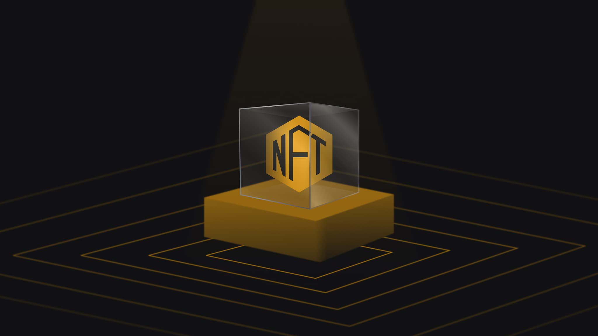 NFT emblem inside a glass case on a gold pedestal under a spotlight