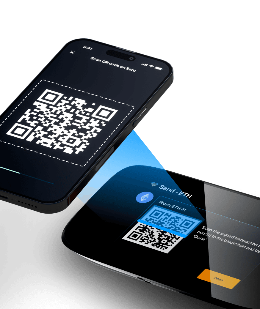 Phone running LIQUID scanning the signed Send ETH QR code shown on NGRAVE ZERO