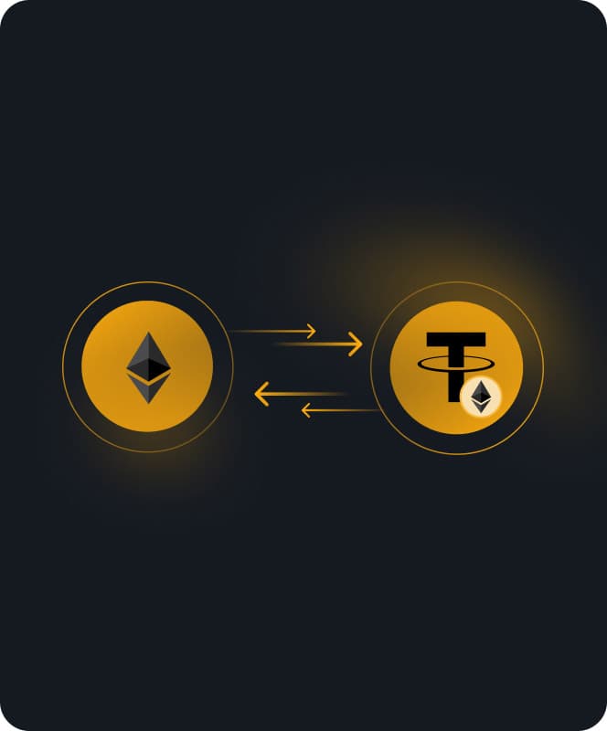 Ethereum and Tether coins with arrows between them, illustrating a crypto swap