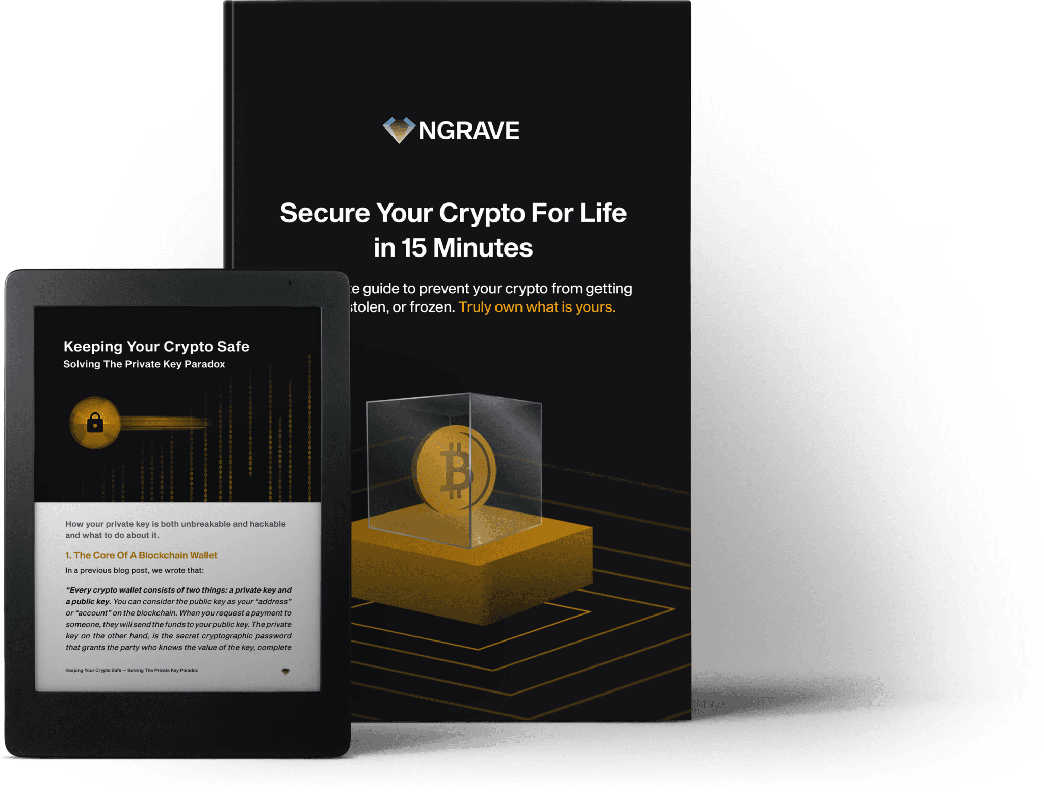 E-reader and cover of the NGRAVE guide Secure Your Crypto For Life in 15 Minutes