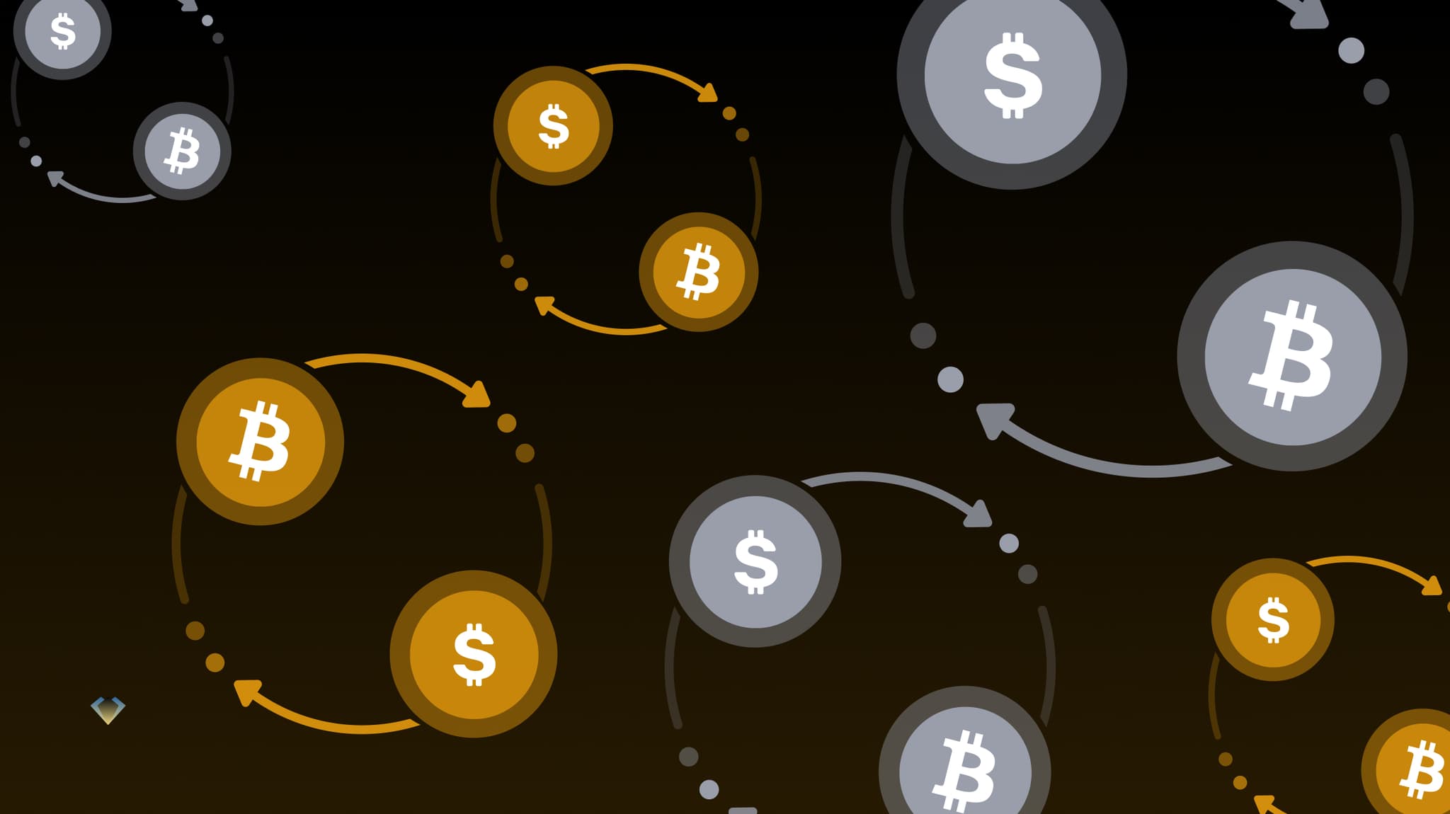 Bitcoin and dollar coins circling each other with exchange arrows