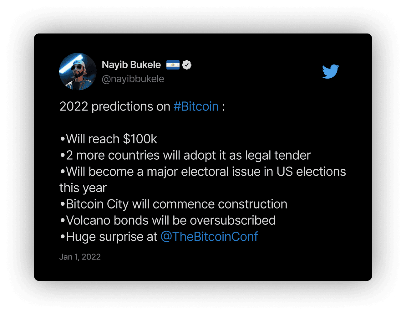 Tweet by Nayib Bukele with 2022 Bitcoin predictions, including $100k and two more countries adopting it