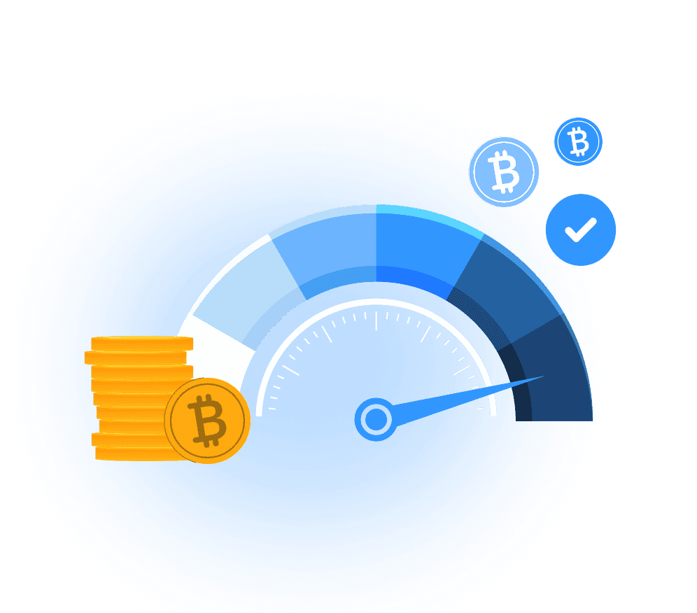 Illustration of a speedometer near its maximum beside Bitcoin coins and a checkmark, suggesting fast approval