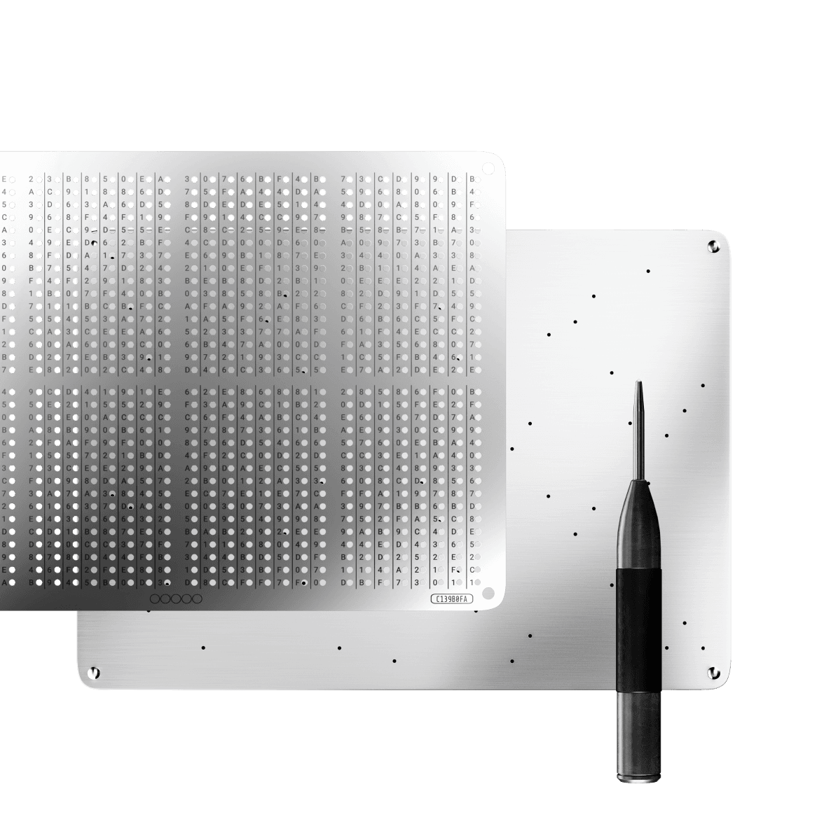 GRAPHENE steel plates with a punch pen used to mark your recovery key into the metal