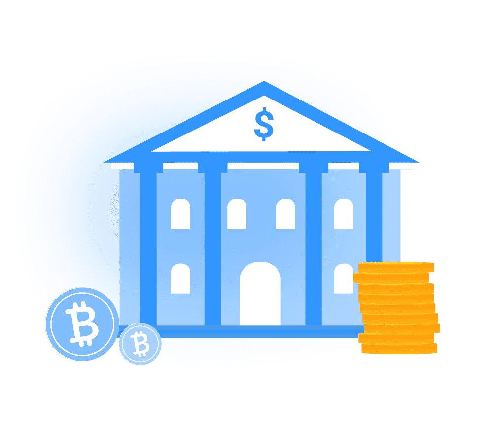 Illustration of a bank building with a dollar sign beside Bitcoin coins and a stack of gold coins