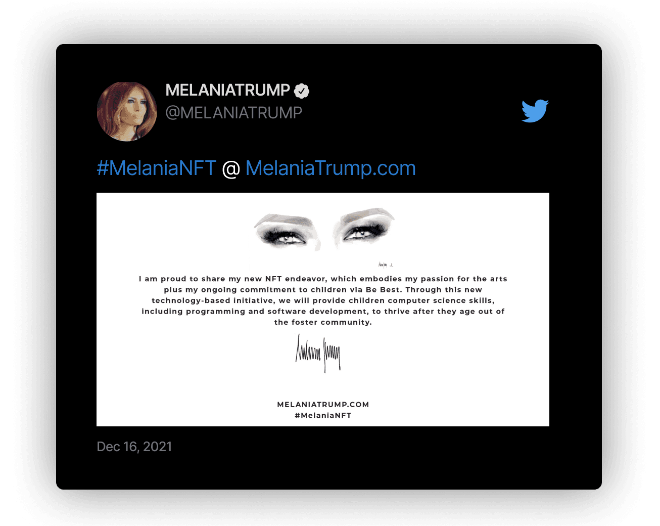 Melania Trump tweet from Dec 2021 announcing her NFT project, #MelaniaNFT