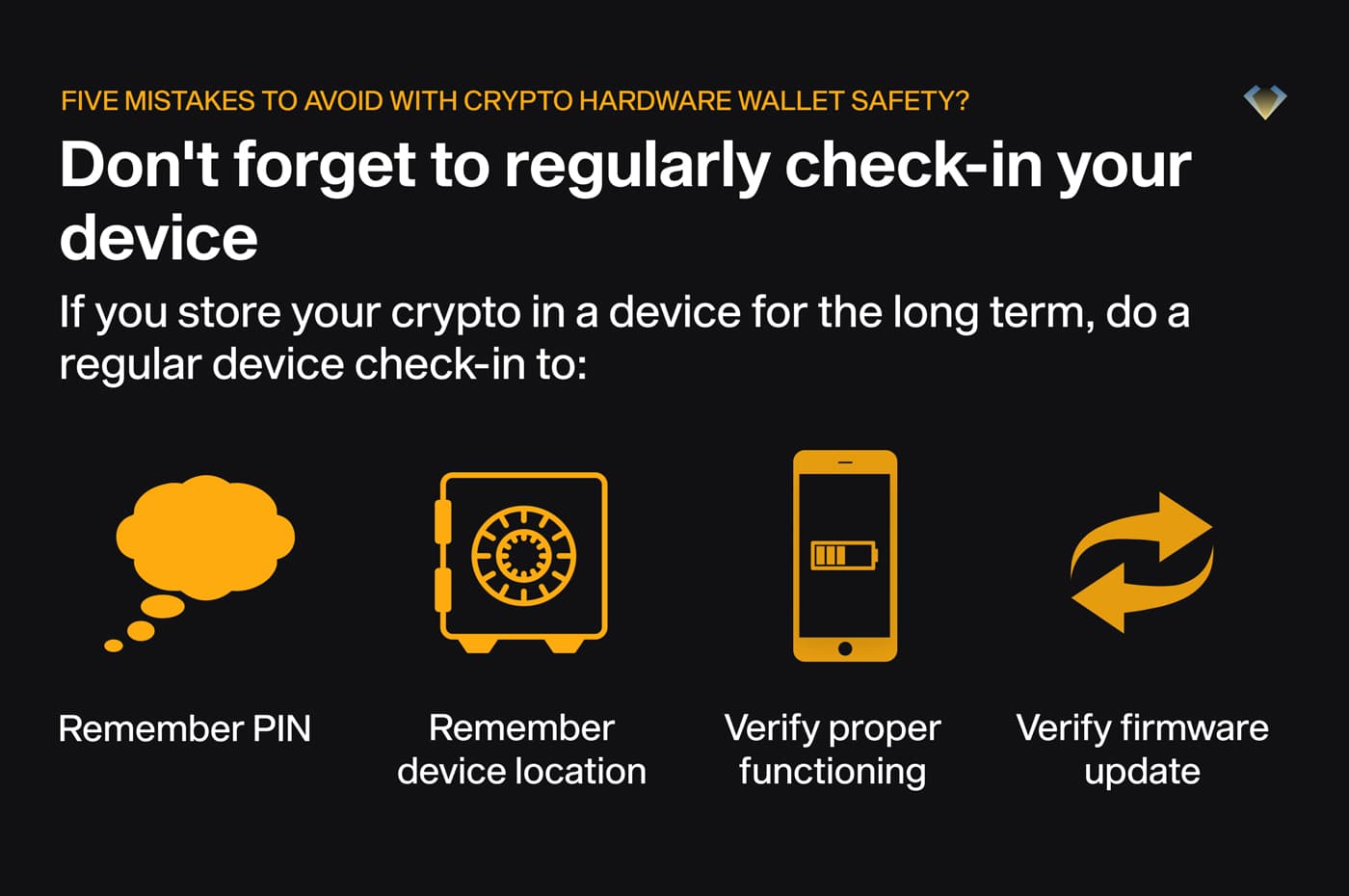 Regular device check-ins: remember PIN and device location, verify it works and its firmware is updated