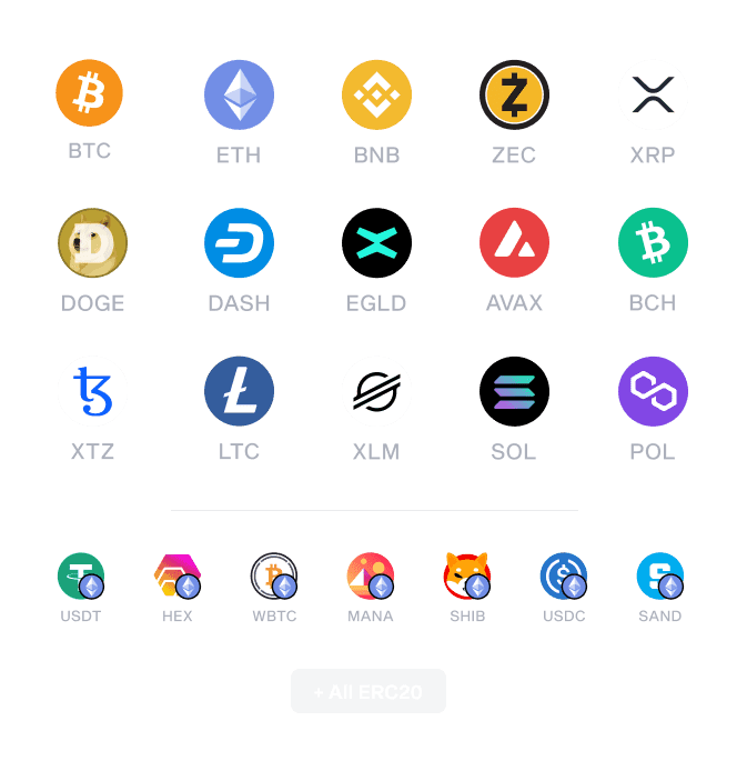 Grid of supported coin and token icons including BTC, ETH, SOL, XRP, USDT and USDC